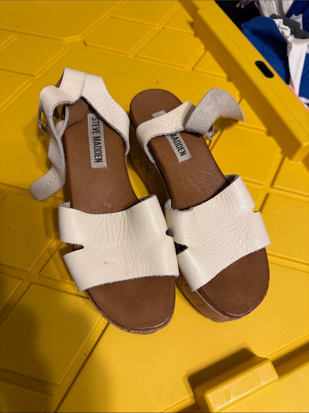 Steve Madden White Leather Cork Wedge Sandals with Ankle Strap